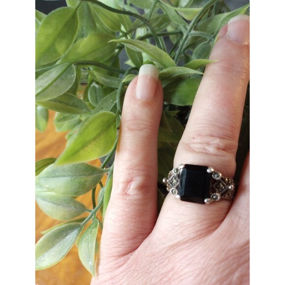 VTG Black Onyx Art Deco Ring Sterling Stamped 925 Size 7 - Picture 6 of 6